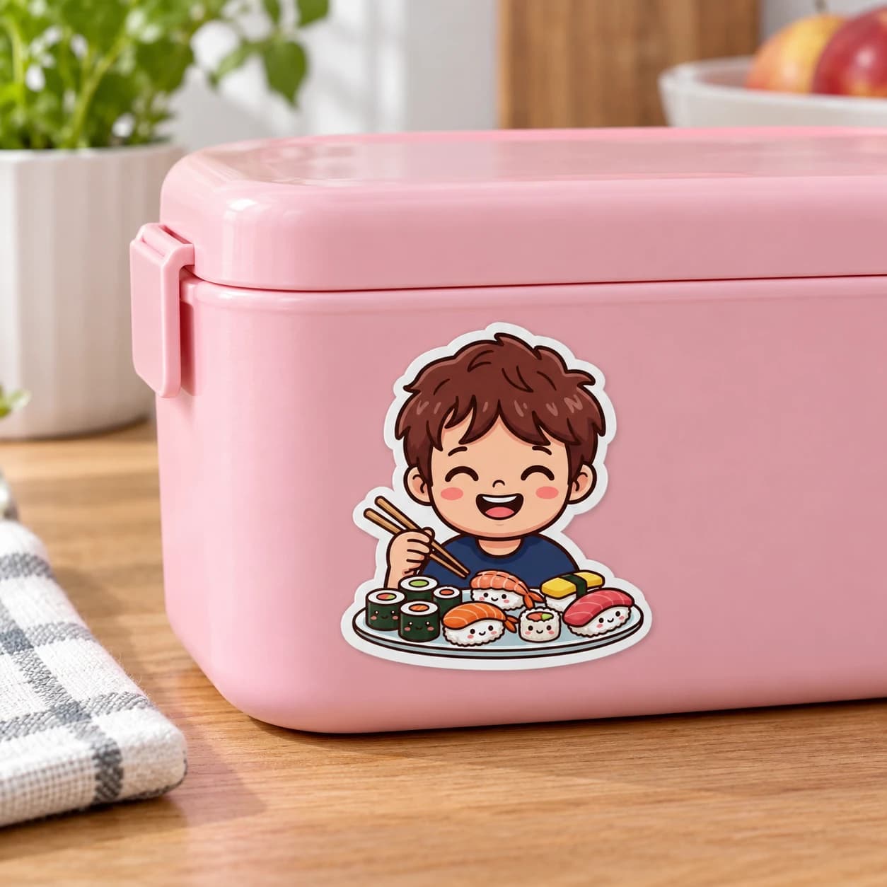 Illustrative kawaii sushi sticker on a pink lunchbox