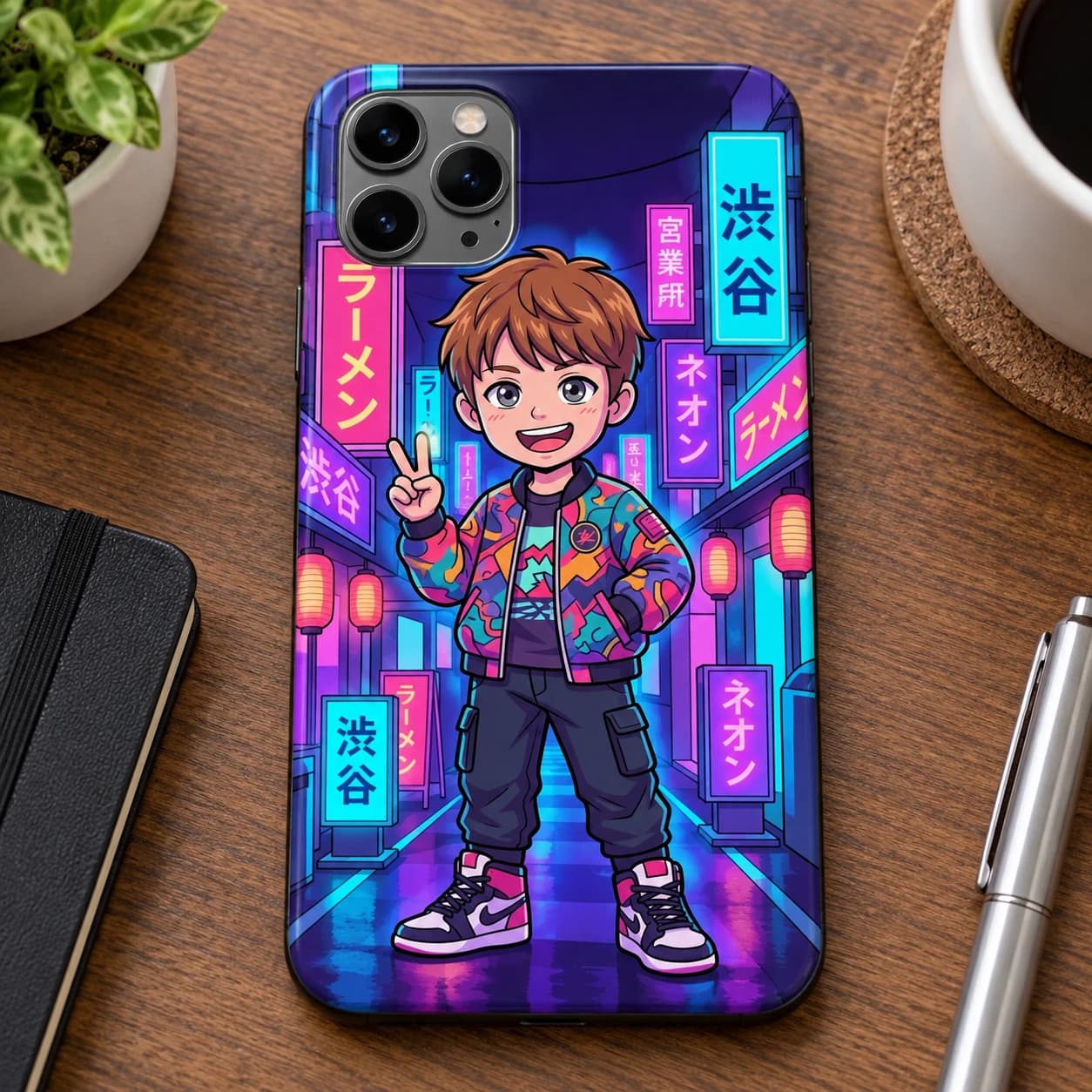 Illustrative Tokyo Anime artwork covering the back of a phone with camera cutouts