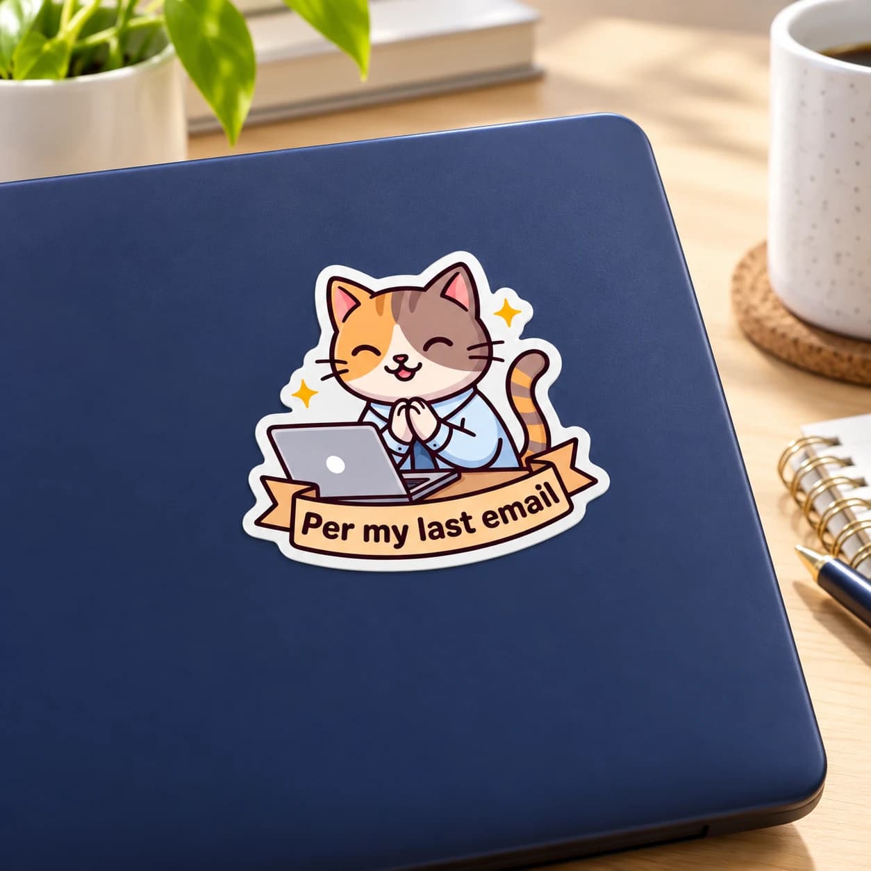 Illustrative Per my last email cat sticker on a laptop