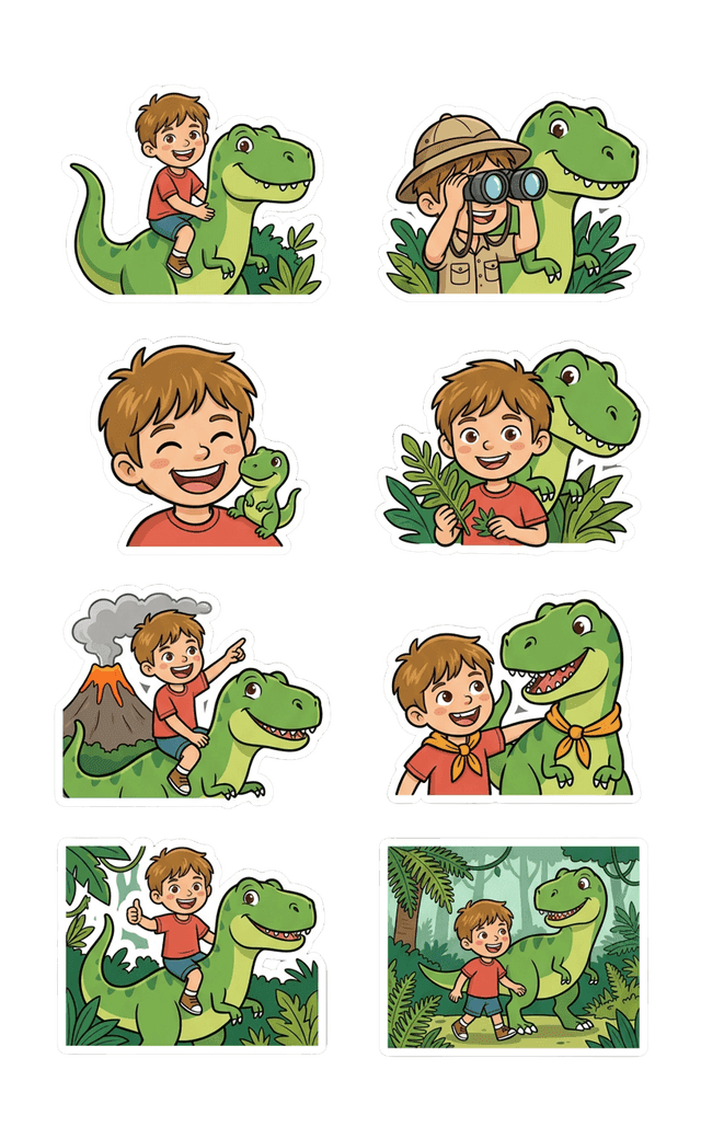 Dino World sticker sheet generated from the demo photo