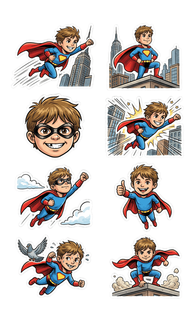 Superhero sticker sheet generated from the demo photo