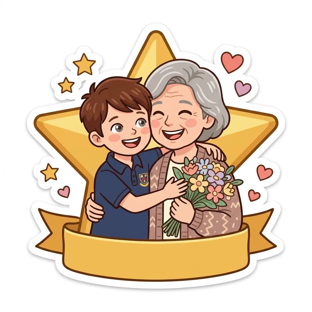Sample sticker of a grandmother with an award rosette and flowers