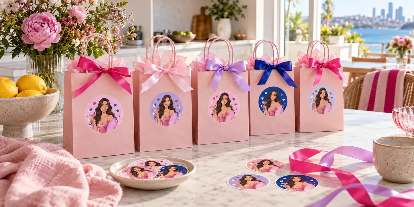 Illustrative hens party favour bags with personalised stickers on each bag