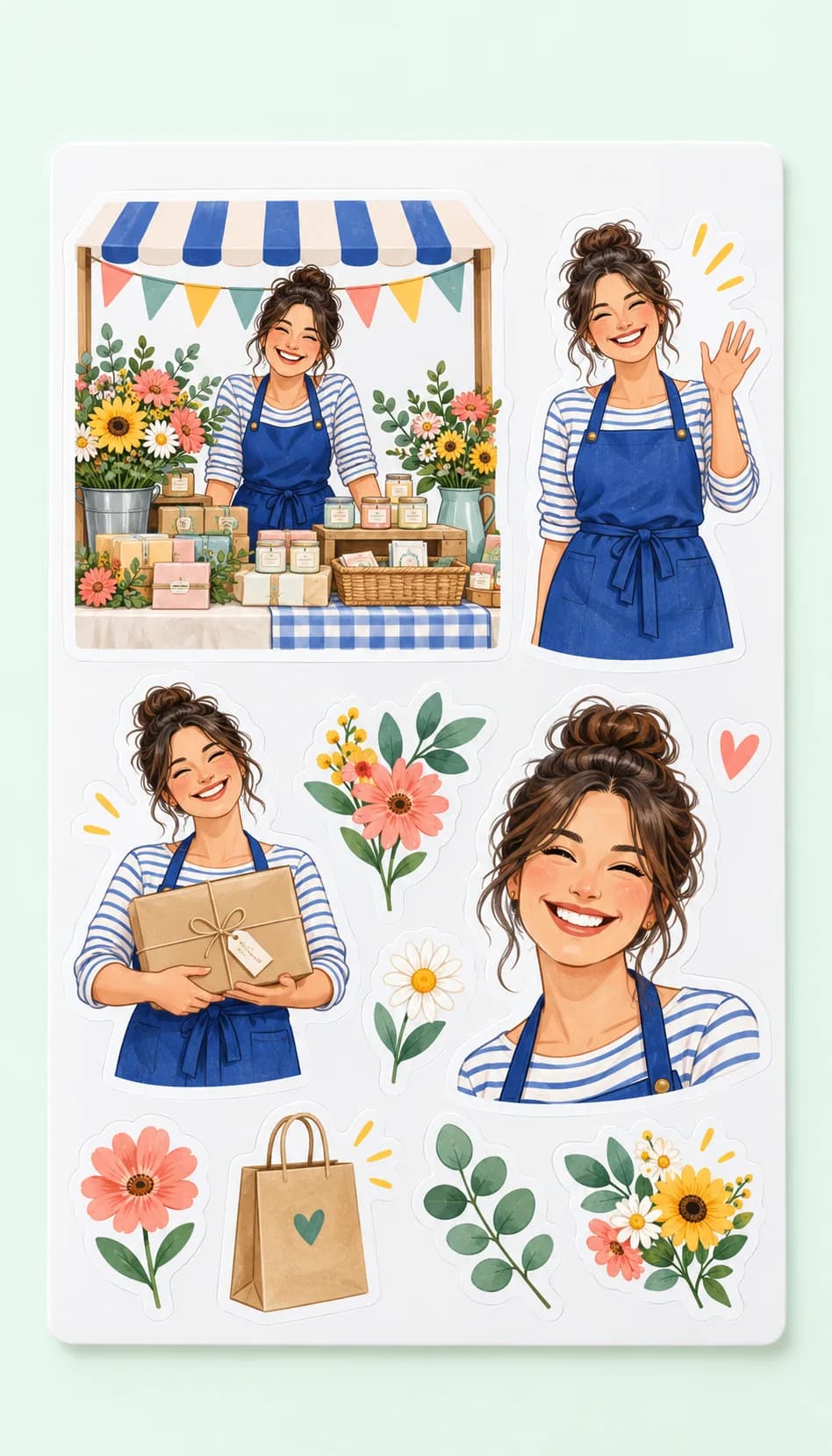 Illustrative sample sheet of a market stall owner as event favour stickers