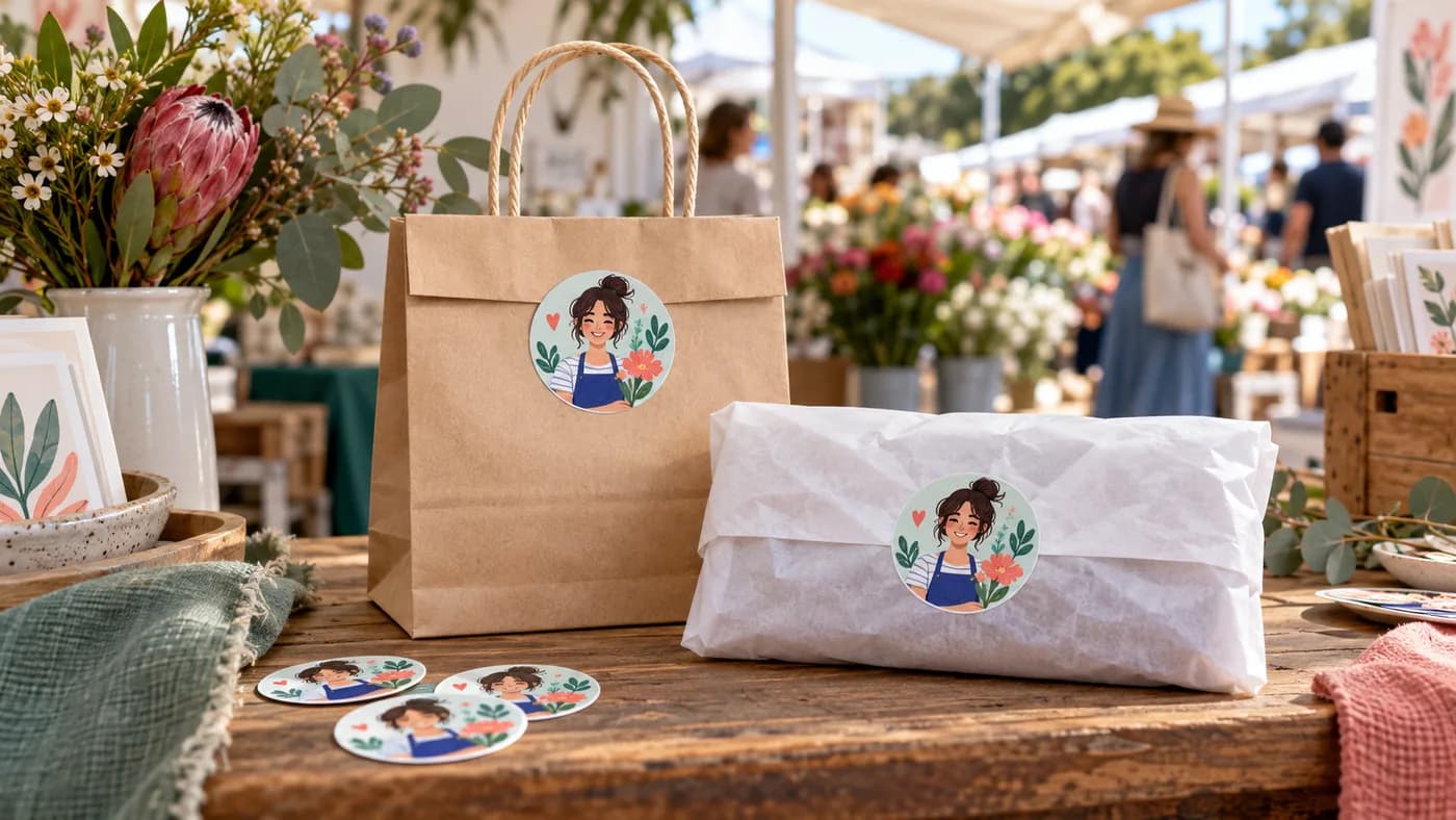 Illustrative market purchase bag and parcel sealed with personalised stickers