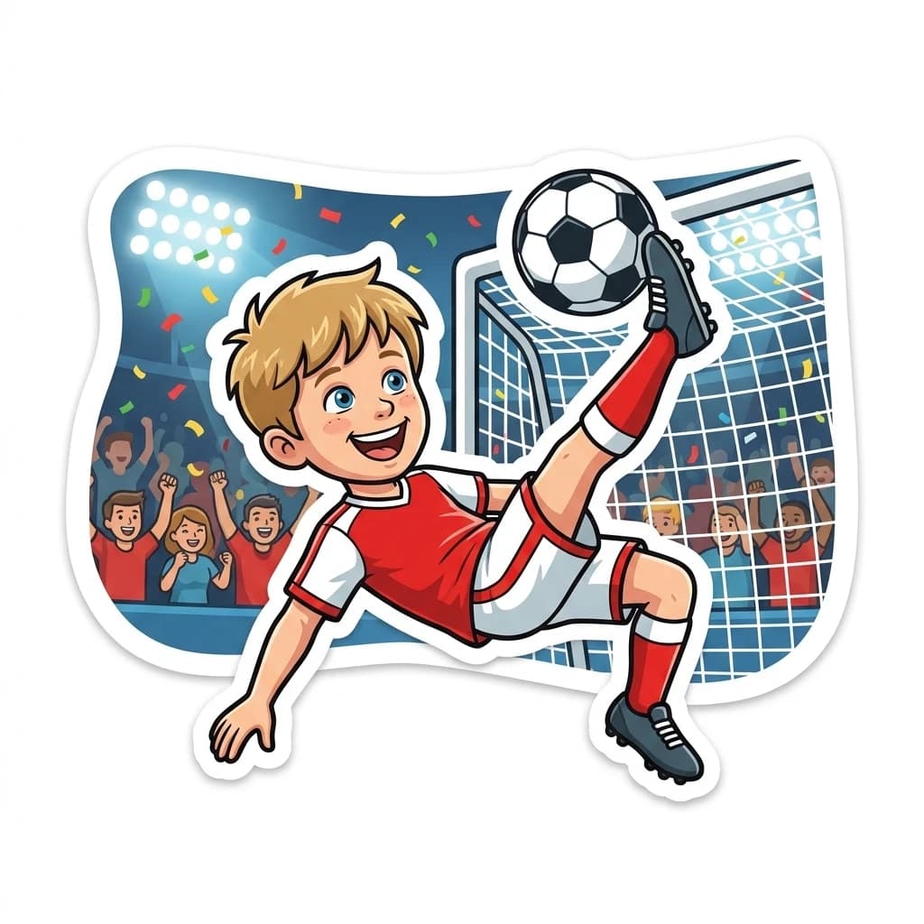 Sample sports sticker of a child scoring a goal at a soccer match