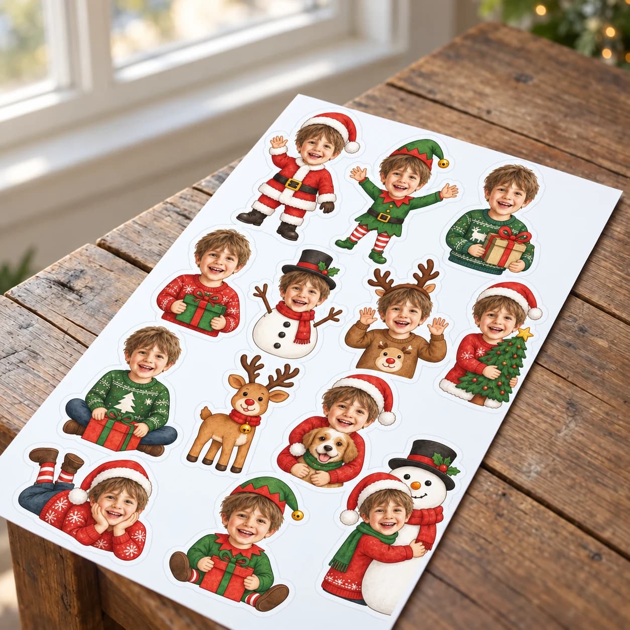 Christmas sticker sheet showing one child as Santa, an elf, a reindeer and more