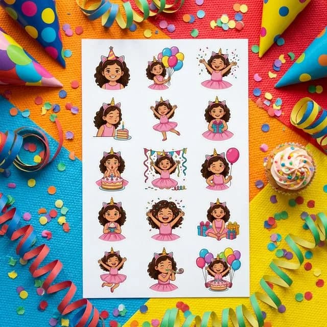 Sample birthday sticker sheet showing a child with balloons, cake and party hats