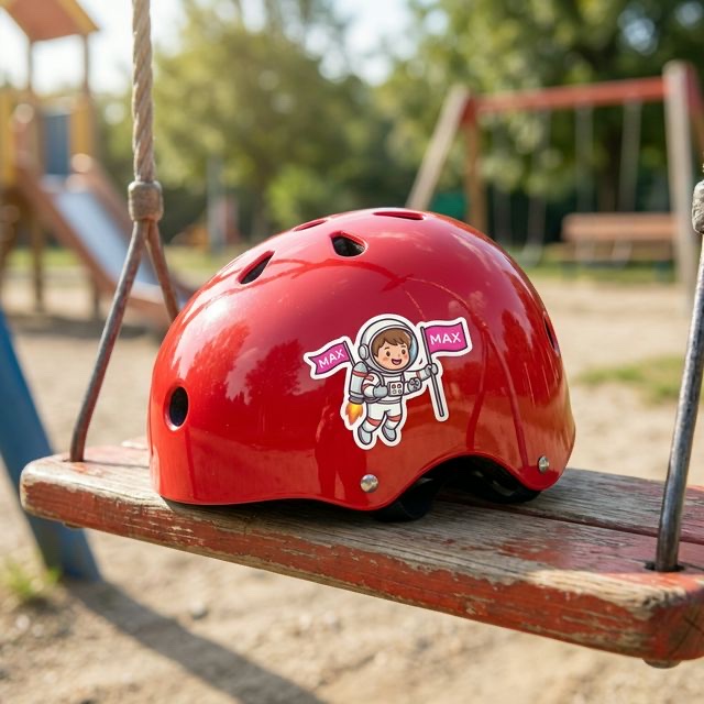 A personalised astronaut sticker on a child's bike helmet