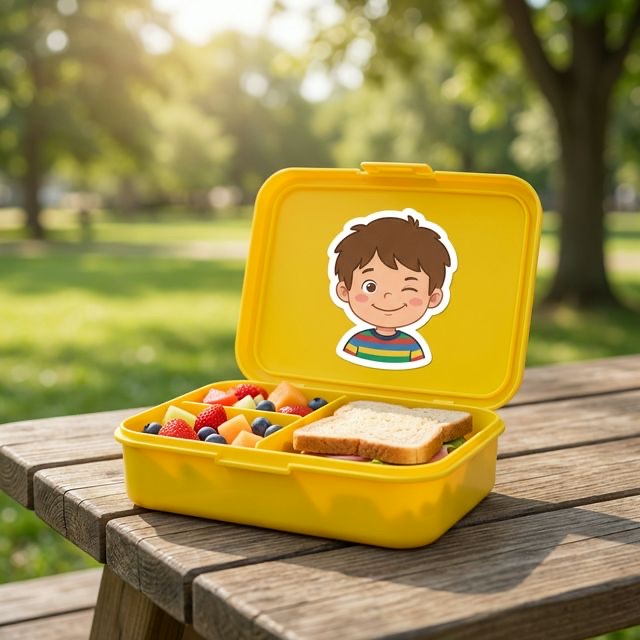 A personalised sticker inside a yellow lunchbox
