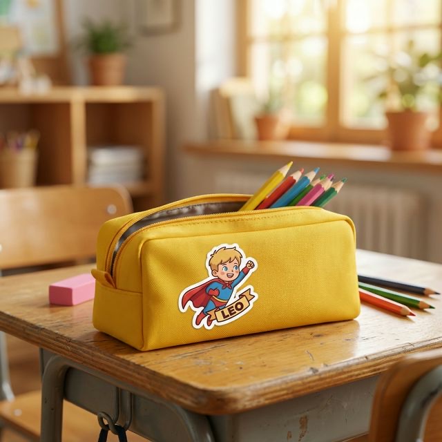 A personalised superhero sticker on a pencil case