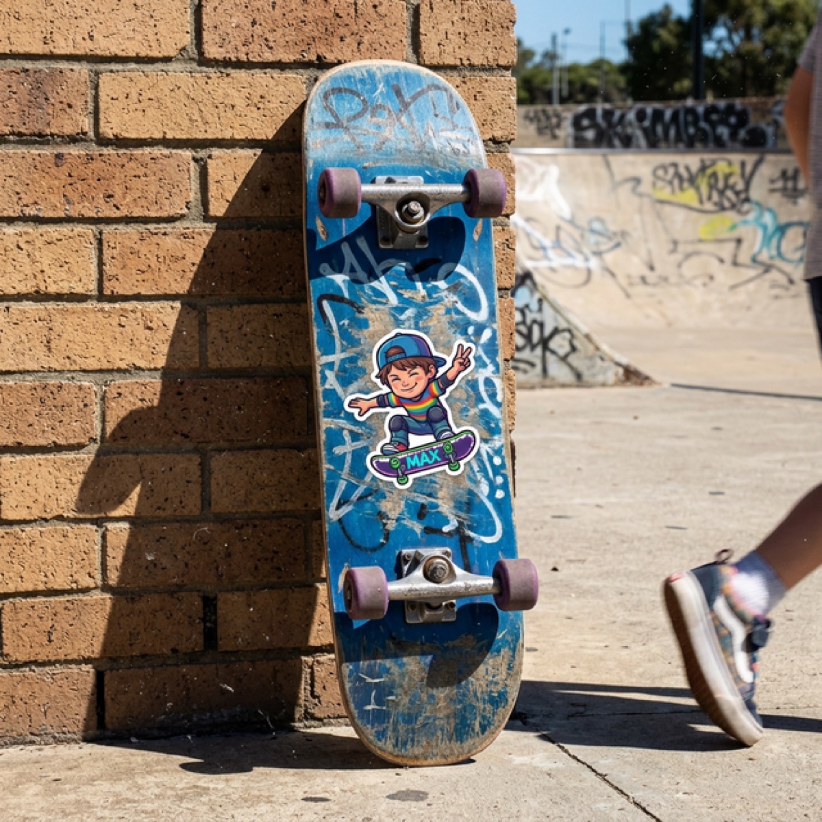 A personalised skateboarder sticker on a skateboard