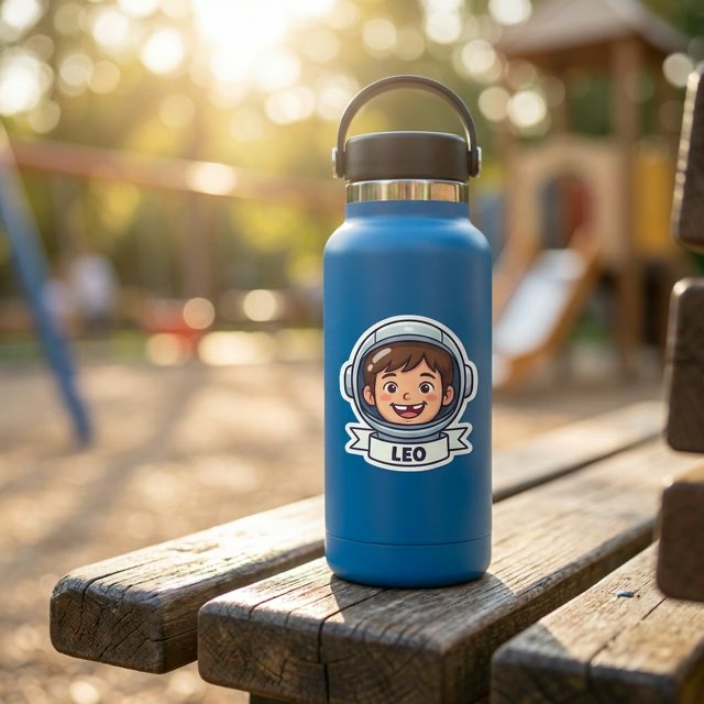 A personalised astronaut sticker on a water bottle
