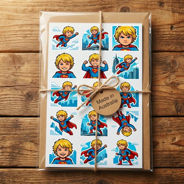 A printed personalised superhero sticker sheet packaged and ready to give